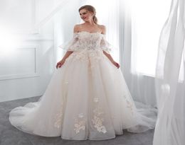 2019 Real Garden 3D flowers off shoulder short sleeves arabic wedding dresses modest lace up corset bridal dresses country wedding6778151