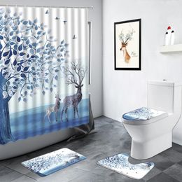 Shower Curtains Creative Blue Tree Elk Forest Animals Abstract Art Design Leaves Bathroom Decor Rug Non-slip Toilet Bath Mat Set