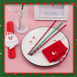 Drinking Straws Christmas Metal Straw Set Stainless Steel Straight Bent Year Party Supplies Reusable With Cloth Bag