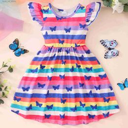 Girl's Dresses New Girls Dress Flying Sleeve Dress Baby Girls Kids Party Tutu Ruffle Rainbow Butterfly Dresses Cotton Newborn Costume for 2-9Y T240415