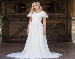 2022 New Aline Chiffon Boho Modest Wedding Dresses With Flutter Sleeves V neck Buttons Back Informal Beach Bridal Gowns Bohemian 4142989