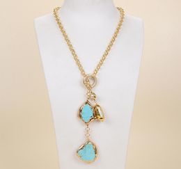 GuaiGuai Jewellery White Biwa Pearl Turquoise Lariat Chain Necklace For Women Real Gems Stone Lady Fashion Jewellery2140781