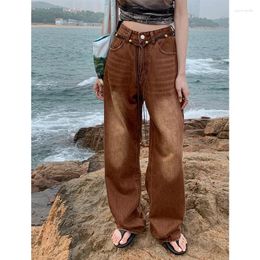 Women's Jeans Women High Street Brown Vintage Washed Waist Wide Leg Pants Self Cultivation Casual Baggy Denim Trouser Ladies Summer