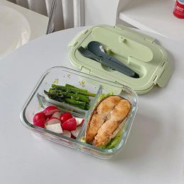 Dinnerware Lunch Box With Fork Spoon For Office Workers Glass Divided Microwave Oven Bento Bowl Leakproof Container Picnic Camping