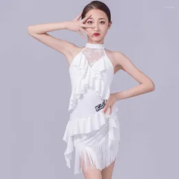 Stage Wear White Lace Latin Dance Dress Girls Summer Sleeveless Fringe Performance Competition Clothing Cha Rumba DNV19756