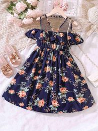 Girl's Dresses Girls Summer New Middle And Big Childrens Lace Printed Hanging Strap Leisure Vacation Style Dress Y240415