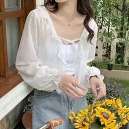 Scarves Thin Long Sleeves Ruffle Female Wraps Summer Wrapped Lace Cardigan Korean Style Shawl Sunscreen Short Top Coat