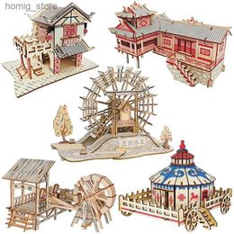 3D Puzzles Chinese Architecture 3D Wooden Construction Puzzles Building House Model Wood Jigsaw DIY Educational Toys For Children Kids Y240415