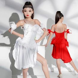 Stage Wear Women Latin Dance Dress Kids Girls Feather Floral Clothing Ballroom Competition Training Professional Rumba Cha Dancewear