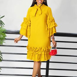 Casual Dresses Spring Summer Ruffle Party Midi Dress Women Solid Colour Loose Fit Bow Neck Ruched Pleated Wedding Club Long