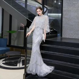 Party Dresses Elegant Beading Prom 2024 Grey Crystal Engagement Feather Cape Mermaid Sweetheart Plus Size Gowns Ceremony