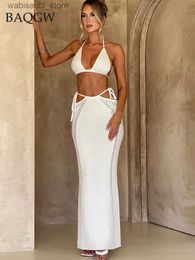 Sexy Skirt Summer Knitted het 2 Piece Set Lace Up Halter Crop Top and Maxi Skirt Set Matching Co Ords Outfits Y2K Clothes Party Elegant L49