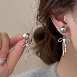 Stud Earrings South Korea Elegant Simple Bowknot Grey Pearl Long Dangle For Women Fashion Sweet Metal Y2K Trendy Jewelry Party Gifts
