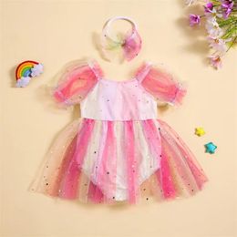 Girl Dresses EWODOS Baby 2Pcs Fall Outfits Short Puff Sleeve Contrast Color Romper Tulle Dress With Headband Set Infant Clothes