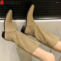 Boots ASUMER 2024 Cow Suede Leather Knee High Square Med Heels Winter Ethnic Ladies Slip On Western