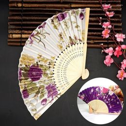 Decorative Figurines Vintage Chinese Silk Folding Fan Bamboo Wooden Shank Classical Wedding Party Dance Home Decoration Ornaments Art Craft