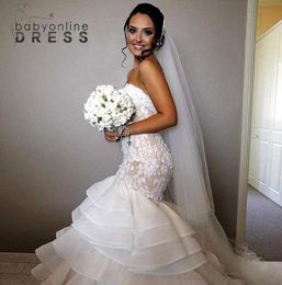 Elegant Lace Mermaid Wedding Dress Tiered Skirt Long Train Sexy Open Back Strapless Wedding Gowns BA15403873502