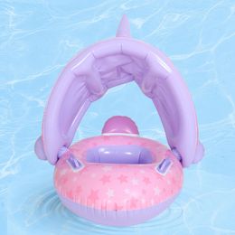 Inflatable Swimming Ring with Sun Shade Cartoon Animals Float Boat PVC Floating Baby Swim Circle Pool Accessories for Kids 240411