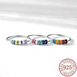 Cluster Rings Exquisite Enamel Drop Glue Ring Rotating Beads S925 Sterling Silver Anti-Anxiety Ins Retro Style Wedding RingDaily