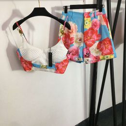 Summer Autumn Dopamine Wearing Popular Set Metal Shoulder Buckle Suspender Top Flower Print Shorts