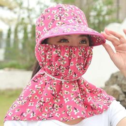 Wide Brim Hats Sun Protection Women Hat Casual Face Mask Floral Sunscreen Bucket Neck Farm Work Cap Tea Picking Riding