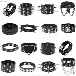 Other Bracelets Fashion Pu Leather Studded Bracelet Bangle Choker Punk Spike Rivets Cuff Metal Black Wristband Adjustable DropshipL240415
