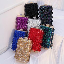 Drawstring Crystal Diamond Square Clutches Handbag Women Sequins Beads Embroidery Evening Party Bag Box With Metal Top Handle Shoulder