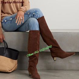 Boots Autumn Square Toe Low Heel Long Retro Fashion Pleated Suede All-Match Knee-High For Women 43