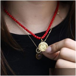 Pendant Necklaces Round Gold Colour Letter Choker Necklace For Women 4Mm Fashion Red Coral Beaded Length Adjustable Ldn188A Drop Delive Dhqt4