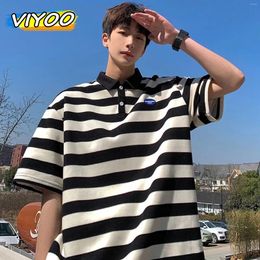 Men's Casual Shirts Y2K Clothing Green Striped Short Sleeve Polo T-Shirts Tops Blouse Sweatshirtts Korean Clothes 2024 Streetwear Men