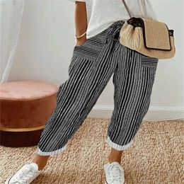 Women's Pants Casual Loose Lazy Style Women Fashion Two Color Vertical Striped High Waist Lace Up Womens Fall