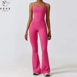 Active Sets Bell Bottoms Gym Set Women One-piece Yoga Suit Sports Jumpsuit Fitness Rompers Stretch Workout Flare Leggings Bodysuits