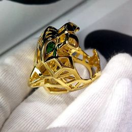 Luxury 925 Sterling Silver Leopard Head Rings Emerald green eyes Animal Panther Ring for Men or Women 18k Gold plated Jewellery 240415