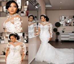 Arabic Aso Ebi Mermaid Wedding Dresses 2021 Long Sleeves 3D Floral Lace Sparkly Beaded Plus Size Bridal Party Gowns Robe De Marria5234089