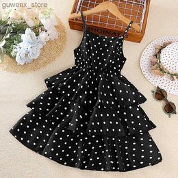 Girl's Dresses Dress Kids Girls 4-12 Years Black Polka Dot Dress For Girls Stylish Girls Vacation Holiday Clothes Kids Clothes Dress Y240415Y240417C2C8