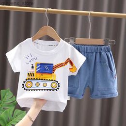 Clothing Sets New Summer Toddler Baby Boys Girls Clothing Sets Cartoon Excavator Cotton T Shirt +Denim Shorts Kids Casual Infant Clothes Suits Y240415