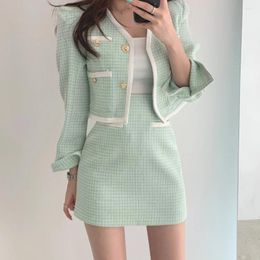 Work Dresses Small Fragrance Two Piece Set Women Korean Fashion Slim Long Sleeve Crop Top Coat Mini Skirt Women's Suit Elegant Outfit