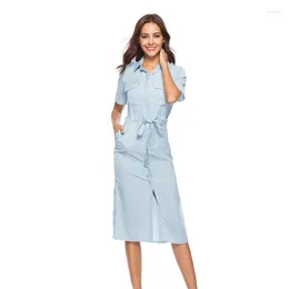 Party Dresses Korean Version Of Light Blue Short-sleeved Shirt Split Dress Bow Tie Long Tide