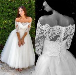 Half Sleeve Off Shoulder Lace Tulle A Line Bridal Gowns Vintage Ankle Length Wedding Dresses vestido de noiva Custom Made5324301