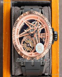 Excalibur Spider Mechanical Hand Winding Single Tourbillon Mens Watch Rose Gold Champagne Skeleton Dial Black Rubber Strap Sports 5981715