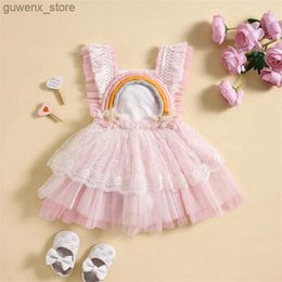 Girl's Dresses Toddler Girls Sleeveless Square Neck Rainbow Patch Frill Princess Layered Mesh Party Dress Y240415
