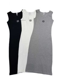 Embroidered Chest Pure Cotton Knitted Sleeveless Dress Designer Woman Split Vest Long Skirt