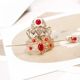 Hair Clips Chinese Tiaras Golden Stick 2024 Vintage Hairpin Pearl Red Crystal Crown Headpiece Retro Han Costume Party Head Jewellery