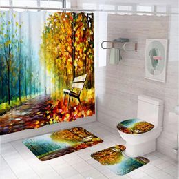 Shower Curtains Oil Painting Park Scenery Curtain Set Autumn Yellow Leaves Garden Bathroom Non-Slip Bath Mat Rug Lid Toilet Cover