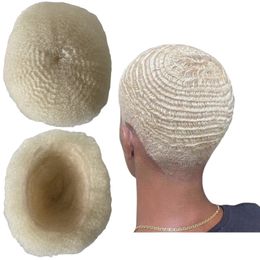 Mongolian Virgin Human Pieces 6mm Root Afro Wave Toupee Platinum Blonde 60# Full Lace Topper for Black Woman