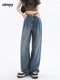 Women's Jeans Circyy Women High Waisted 2024 Fall Button Wide Leg Loose Full Length Denim Pants Streetwear With Belt Trousers