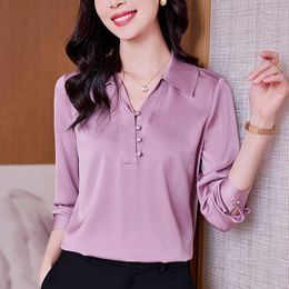 Women's Blouses Real Silk Purple Gray White Shirt V-neck Long Sleeve Elegant Shirts And For Women Loose Tops Office Lady Blouse