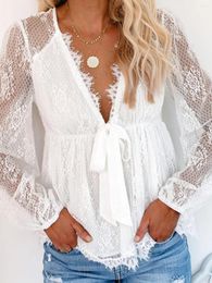 Women's Blouses European American And French Style Sexy Deep V Fall Clothing Cut Out Lace Bow Lace-up Long Sleeve Shirt Waist Trimming