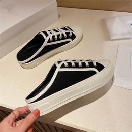 2024 New Canvas Little White Shoes Women's Thick Sole Step on Heel Lacing Black Korean Edition Casual Shoes