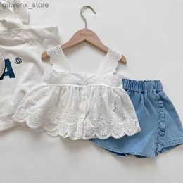 Clothing Sets Girls Outfit Sets Summer Kids Clothes Girls Lace Edge Pure White Baby Girl Casual White Suspender+Denim Skirt Childrens Y240415